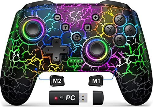 Gammeefy Switch Manettes sans fil Switch Pro pour Nintendo Switch/Lite/OLED, 9 couleurs réglables à distance compatible avec Windows PC/Android/iOS avec récepteur Bluetooth