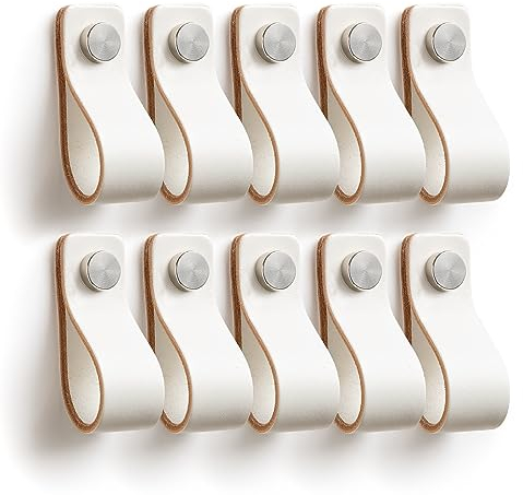 LA CHUECA POLO TIRADOR de Cuero para Mueble Armario PREMIUM (10 Pcs) - 100% Vacuno Genuino Argentino + Fácil montaje + Original (MEDIUM, Rustic White)