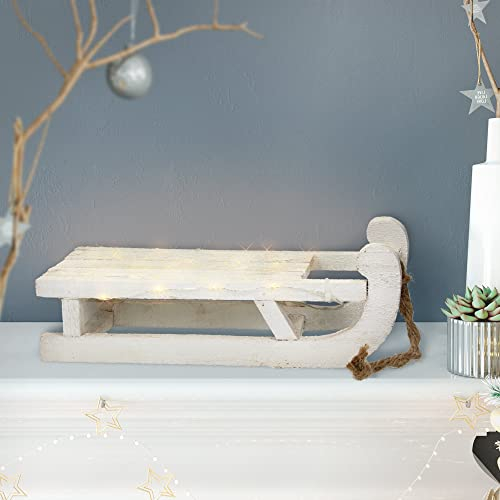 ECD Germany Deko Schlitten aus Holz mit 25 Warmweißen LEDs, 31,5x14,5x10,5 cm, Weiß, Batterriebetrieben, Timer 6 Std., inkl. Schnur, Weihnachtsdeko Weihnachten Dekoration Dekoschlitten Holzschlitten