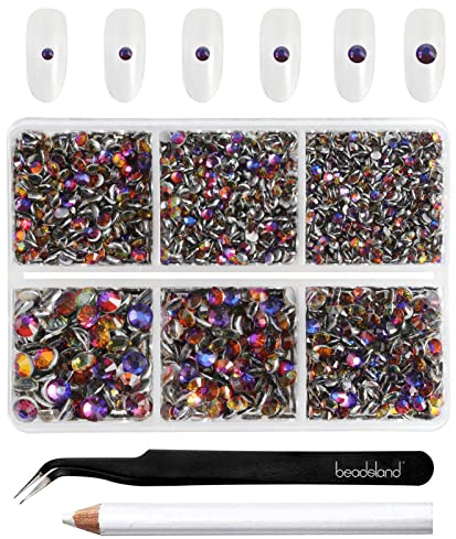 Beadsland 4300 Stück Blau Strasssteine mit flacher Rückseite,Nagelsteine, runde Kristall-Strasssteine zum Basteln, gemischt in 6 Größen, mit Picking-Pinzette und Wachsstift-Set, SS6–SS20,Blauer Vulkan