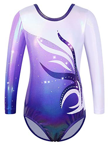ZNYUNE Kinder Gymnastik Trikot mit Pailletten Mädchen Gymnastikanzug Langarm in Tüll 272 Weiß Lila 4A