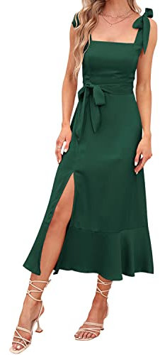 Abendkleider Elegant für Hochzeit Damen Sommer Sexy Spaghetti Kleid mit Schlitz Sommerkleid Hochzeitsgäste Festliche Hochzeitskleid Cocktailkleid Partykleid Abschlusskleid Lang Ballkleider Grün L