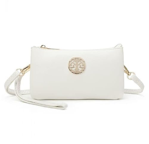 She & Bags Damen-Handtasche mit goldenem Abzeichen, multifunktional, Doppelfächer, kleine Handgelenktasche, Clutch, Umhängetasche, Kuriertasche, weiß, Small