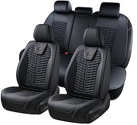 FLORICH Florcih Autositzbezüge, Premium Leder-Vorder und Rücksitzbezüge, 5 Stück, universelles Auto-Innenausstattungs-Set, universell passend für die meisten Autos, Limousinen, SUVs und LKWs, schwarz