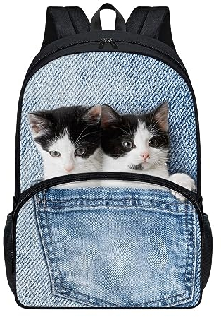 TOADDMOS Novetly Tagesrucksack für Jugendliche, Schultaschen, Büchertasche, Rucksack, Schule, Reisen, Wandern, Denim Pocket Cat, Einheitsgröße