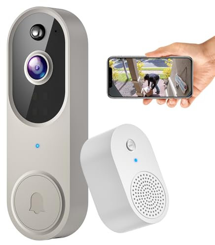 ALPHAPEACH 1080P Video Doorbell Camera Wireless, Chime Ringer Included, Human Detection, 2.4G WiFi, Night Vision, Cloud Storage, Battery Powered, Indoor Outdoor Surveillance (Linen)