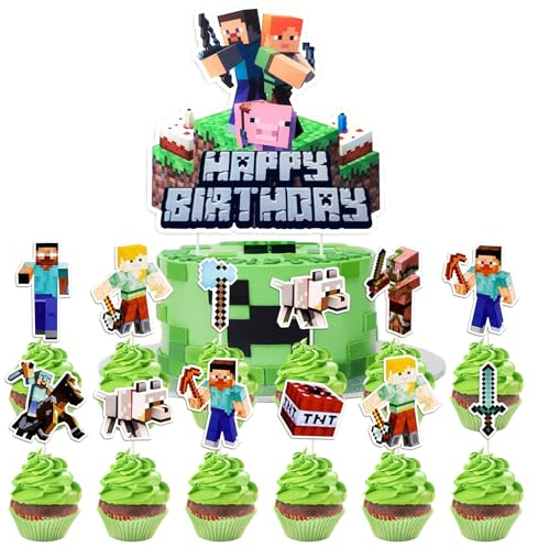 YOGARTH 19 piezas de decoración de pasteles de píxeles para niños, videojuegos, decoración de cumpleaños infantil, decoración de tartas, decoración de cumpleaños para niños, decoración de cumpleaños
