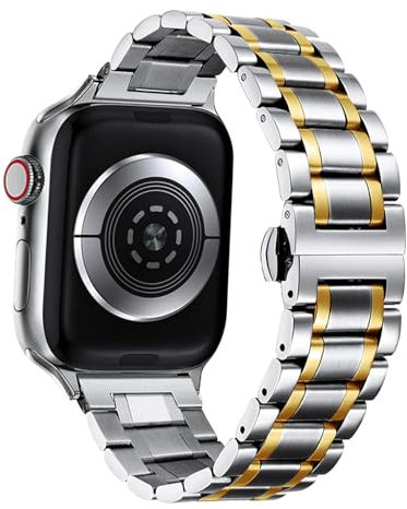 Hinnwer Cinturino in Metallo Compatibile con Apple Watch 49mm 45mm 44mm 42mm Acciaio Inossidabile Ricambio Bracciale per Apple Watch SE2/SE/Ultra2/Ultra/iWatch Series 10/9/8/7/6/5/4/3/2/1 Argento+Oro