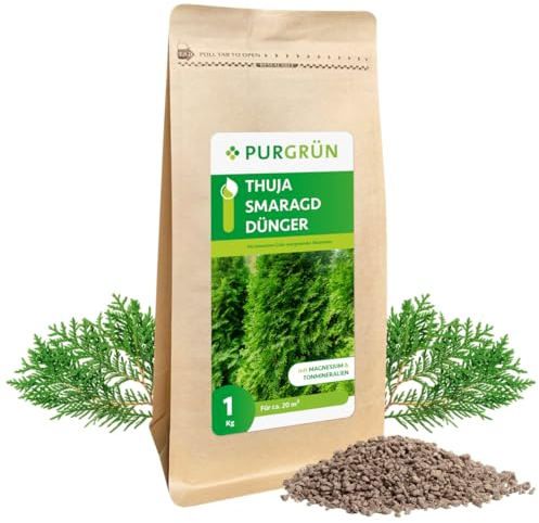 Purgrün® Thuja-Smaragd-Dünger 1 kg – Extra Magnesium schützt vor Nadelverfärbungen – Fördert ein dichtes Wachstum – Tonmineralien für einen gesunden Boden – Heckendünger für ca 30 Pflanzen