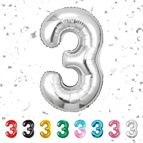 alloon Geburtstag zahlen Silber luftballon 3 jahre | Folienballon 3 -für Mädchen Junge Folienballon in 40Geburtstagsdeko - Kindergeburtstag Ballon Zahl Deko zum Geburtstag - fliegt mit Helium