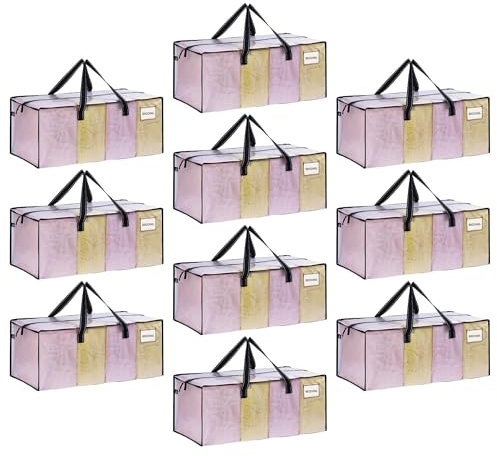 VENO 10 Stück extra große Umzugstaschen mit starke Griffe und Reißverschlüsse Faltbare Aufbewahrungstasche Kleideraufbewahrung Wäschesäcke für Bewegen, Reisen, Camping (Transparent, 10er-Pack)
