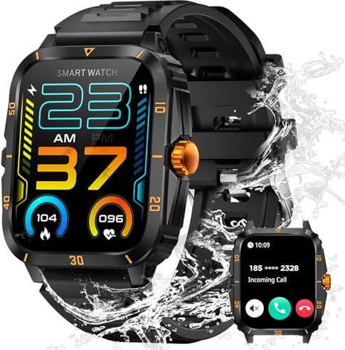 JELLOO 3ATM wasserdichte Militär-Smartwatch für Herren (Wählen/Anrufe tätigen), 1,96-Zoll-Sport-Smartwatch, Fitness-Tracker, Herzfrequenz, Schlafüberwachung, kompatibel mit Android iOS