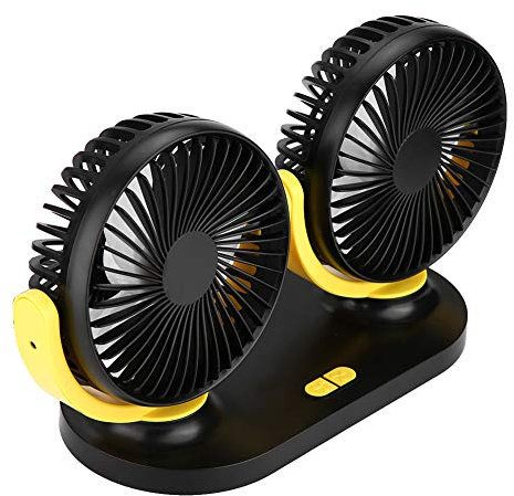 Ventilador de Coche con Doble Cabezal USB, Aire Acondicionado Portátil, Refrigeración Automática, Ventilación de 12V (negro y amarillo)