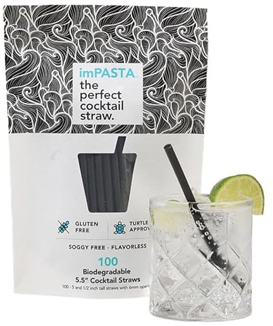 imPASTA Straws Biodegradable Cocktail Straws 5.5 Inch - 100 Count | Vegan-Friendly, Gluten-Free & Compostable, Never Cracks, Flavourless, Eco-Friendly Drinking Alternative to Plastic Straws