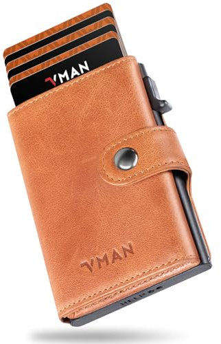 VMAN Echtleder Slim Wallet mit Münzfach | Smart Wallet aus Vollnarbenleder | Geldbörse Herren RFID-Schutz | Portmonee Geldbeutel | Kartenetui Kreditkartenetui für 10+ Karten | Kastanienbraun
