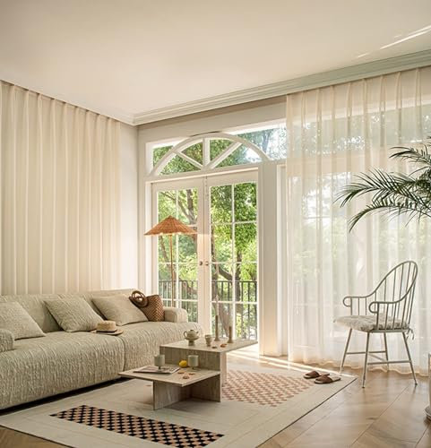 KnSam 2er Set Voile Vorhang Milchweiß Beige, Vorhang Voile Jacquard Welle Muster, Polyester Ösen Vorhänge Gardinen Schals für Wohnzimmer, Jeder B 86 x H 115cm