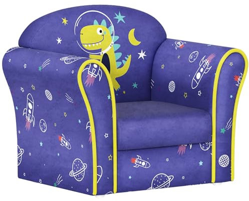 AIYAPLAY Kids Sofa Chair, Toddler Armchair with Planet and Dinosaur Design, Wooden Frame, Upholstered Toddler Chair for Bedroom, Playroom, Kids Room - Blue