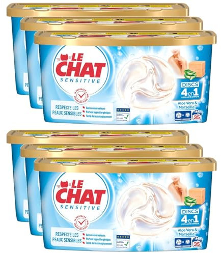 LE CHAT Sensitive - Discs 4en1 Savon de Marseille & Aloe Vera - Lot de 6 boîtes de 35 capsules (210 capsules)