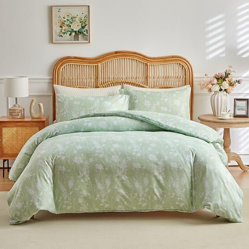 RongRongIN Bettwäsche Set 200 x 220 cm Pflanze Serie mit Reißverschluss – Grün Blatt Blume, Bettbezug 200x220cm und 2 Kissenbezüge 80x80cm, Weich Bequem Wendebettwäsche Bettwaren