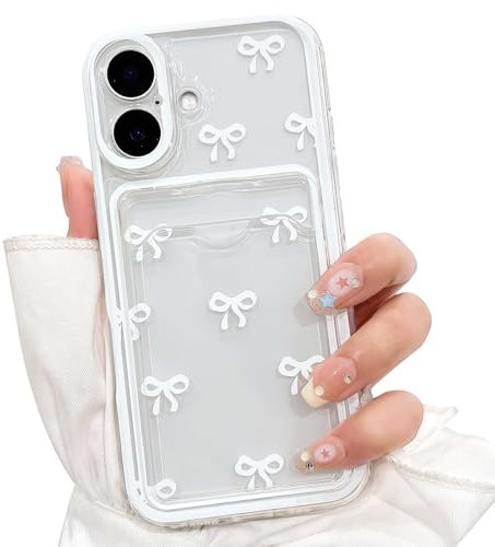 NITITOP Compatible with iPhone 16 Case Clear with Card Holder Cute White Bowknot Pattern Bow Ribbon for Women Girl Color Frame TPU Shock-absorbing Wallet Case Protective Cover - White