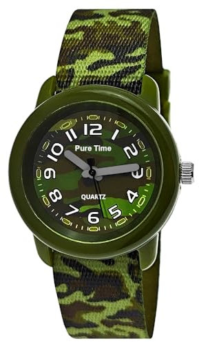 Pure Time® Kinder Uhr Jungenuhr Mädchenuhr Camouflage Tarn Armbanduhr Textil Armband Analoge Junge Kinderuhr Textilarmband Schwarz Grün Grau Lern-Uhr