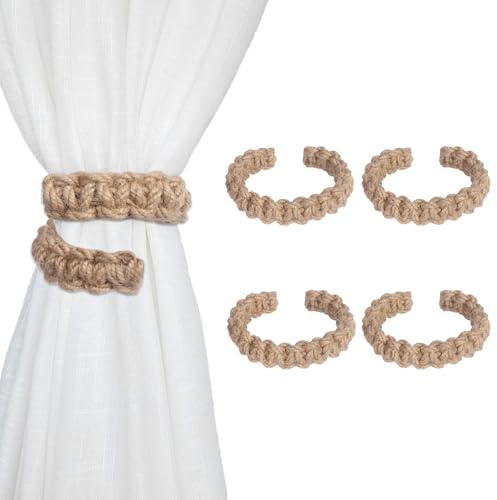 Lollanda 4Pcs Rustic Curtain Tiebacks, Cotton Rope Curtain Tiebacks, Braided Tie Backs for Curtain, Rope Curtain Buckle Holder for Home Hotel Office Boho Curtain Tieback (Hemp rope, 4)