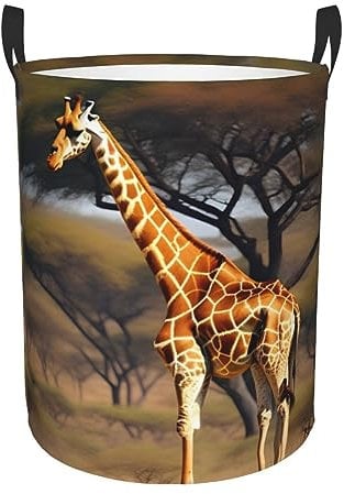 Afrika Giraffe Majestätischer Baumdruck runder Wäschekorb mit Griffen für Schlafzimmer und Wohnzimmer