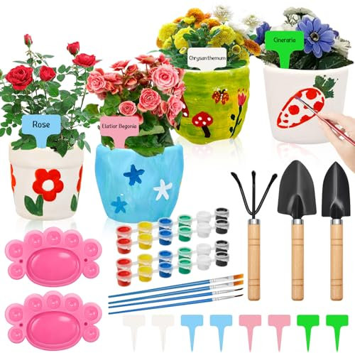 Sinmoe Lot de 4 Kit de Peinture pour Pot de Fleurs en Céramique à Faire Soi-Même miniensemble d'Outils de Jardin Peignez Votre Propre Pot en Céramique Cadeaux pour Les Producteurs de Fleurs