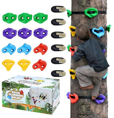TOPENEW Baumkletterset für Kinder 12 Baumklettergriffe und 6 Ratschengurte große Kletterfelsen für Kinder klettergriffe Baum klettersteine Kinder Outdoor für Outdoor Ninja Krieger Hindernis/Baumhaus