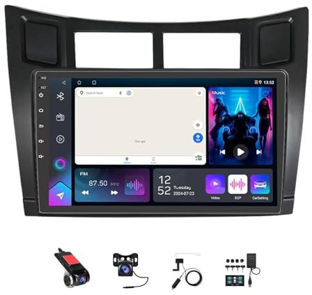 9 Pouces 2 Din Android 14 HD écran Tactile Radio pour Toyota Yaris 2 XP90 2005-2012 avec Caméra de Recul Télécommande de Volant Bluetooth GPS CarPlay FM WiFi Mic(S600 8+256G)