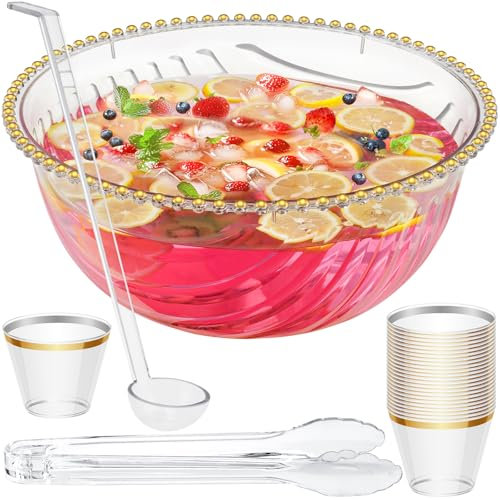 NiHome Large Plastic Punch Bowl with Ladle, Tongs and 25 Gold-Rimmed Cups for Wedding, Birthday, BBQ, Baby Shower, Holiday, 1.7 Gallon Reusable Clear Party Bowl Set for Drinks, Salads, Snacks & More