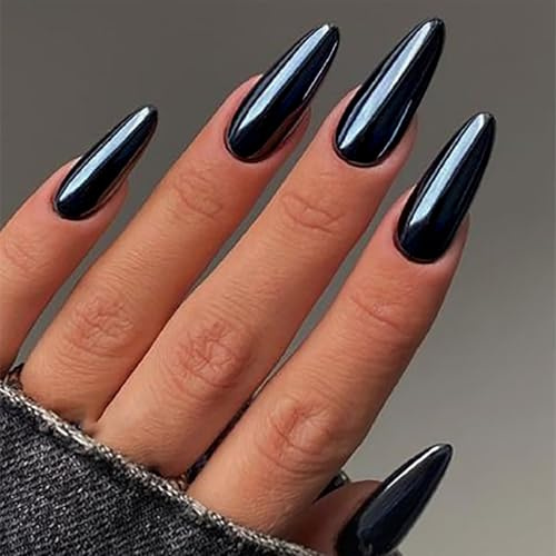 NICENEEDED 24 PCS Faux Ongles Gris Fumé French Tip Faux Ongles Stiletto en Métal avec Motif Bling Bling Manucure Complète en Plastique Brillant pour Femme