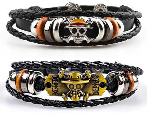 NHPY 2 Pièces Bracelet One Piece, One Piece Bracelet Enfant, Bracelet Style Rétro Unisexe Avec Accessoires En Forme De Crâne Jolly Roger Et En Cuir Tressé Joli Cadeau(2Forme)