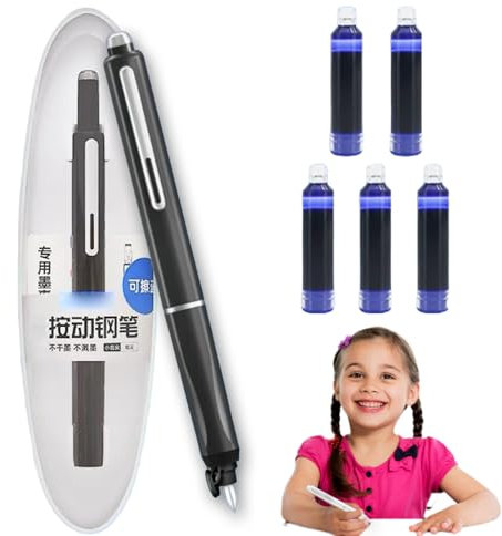 Fountain Pen Retractable:0.38mm Blue&black Ink Transparent Barrel Includes 5 Refillable Ink Cartridg, Smooth Writing No Leaking Gift Set for Calligraphy Journaling Doodling (Black)