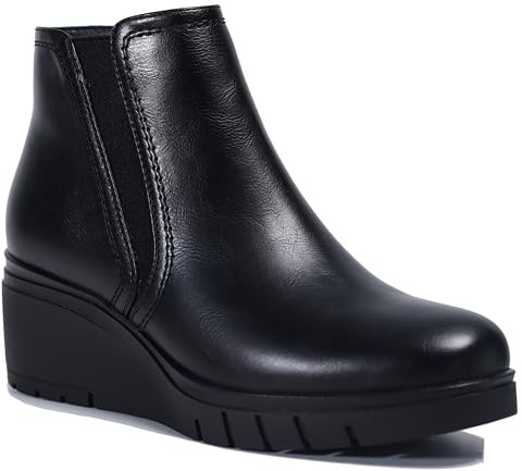 AUPEWEL Women's Ankle Boots with Wedge Heel & Elastic Side Band, Comfortable Round Toe Zip-Up Classic Booties Black
