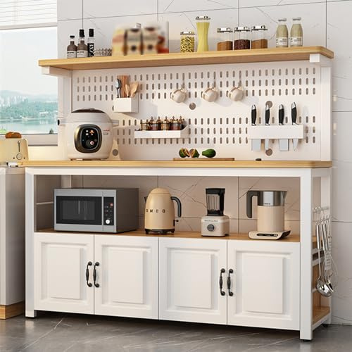 Estante de cocina de 4 niveles con 4 puertas, soporte industrial para horno microondas, mesa de café grande, diseño perforado, beige y blanco, 160 x 50 x 140 cm