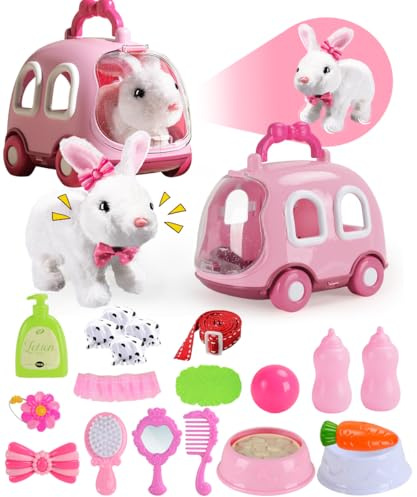 TOSZOLY 21Pièces Jouets Interactifs pour Enfants, Lapin Interactif Peluche Lapin Jouets pour Enfants Peluche Interactive, Jouets Electroniques pour Animaux avec Cage, Coffret Cadeau Filles Garçons