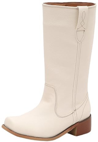Mo Joc Stivali western da donna con punta quadrata, tacco a blocco da 4 cm, design a scivolo, superficie sintetica in PU con fodera in pelliccia sintetica, ideali per l'uso quotidiano e l'ufficio
