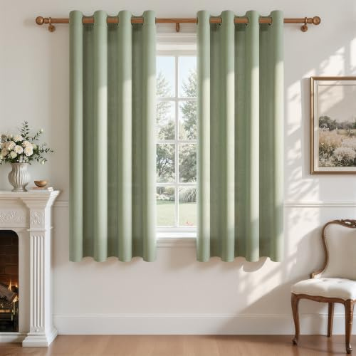 CUTEWIND Leinen Gardinen mit Ösen Grün Wohnzimmer Kurz 2er Set H 160 x B 140 cm, Vorhang Leinenoptik Halbtransparent Landhausstil für Schlafzimmer Kinderzimmer Fenster, Leinenvorhänge