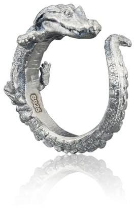 Generisch 925 Silber Verstellbarer Ring im Krokodil-Design, Handgearbeiteter Tiermotiv Schmuck für Damen und Herren, Detailreiches Kunstdesign
