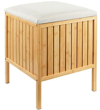 Relaxdays Wäschekorb zum Sitzen, Bambus, gepolsterter Deckel, HBT: 52 x 39 x 39 cm, Badhocker mit Stauraum, Natur/Creme