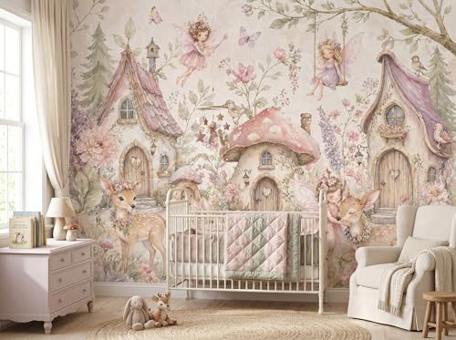 Fototapete Kinderzimmer nach Maß – Vlies Tapete Feen Märchenwelt – Blumen Aquarell Pastellfarben – Skandinavisches Design Mädchenzimmer – Hochwertiger Druck