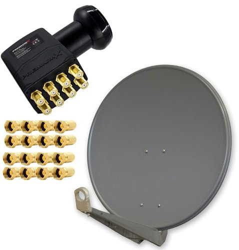 Premium X DELUXE80 Aluminium 80cm Antenne Digital SAT Schüssel Spiegel in Anthrazit für HDTV HD+ 4K mit LNB Octo 0,1dB zum Direktanschluss von 8 Teilnehmern inkl. 16x F-Stecker