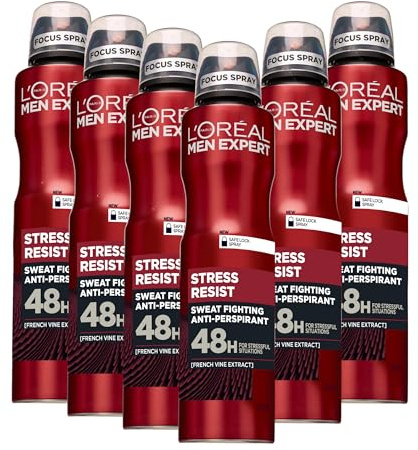 L'Oréal Paris Men Expert 48H Protection Stress Resist, Sweat Fighting Anti-Perspirant Spray for Stressful Situations with a Relaxing Woody & French Vine Extract Scent, 6 x 250ml