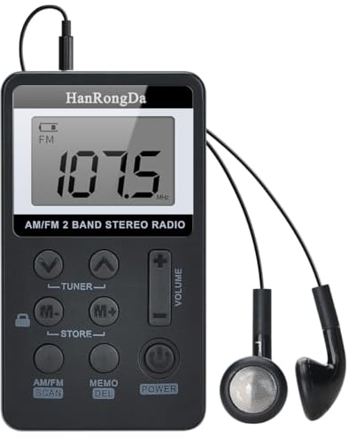 AM FM Pocket Radio HanRongDa Portable Digital Tuning AM/FM Mini Stereo Radio Player with Rechargeable Battery and Earphone for Outdoor Walk (Black)