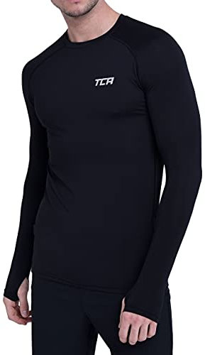 TCA Men's Stamina Long Sleeve Reflective Lightweight Running Workout Training Gym Top with Thumb Holes - Black, M