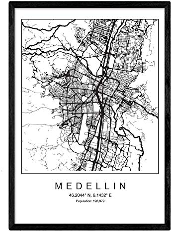 Nacnic Minimalistische Stadtplanen Poster. Geometrische Stil Wanddekoration Abbildung von Medellin. Verschiedene Welt Stadtkarten, Plänen und Reisen Bilde. A3 ohne Rahmen.