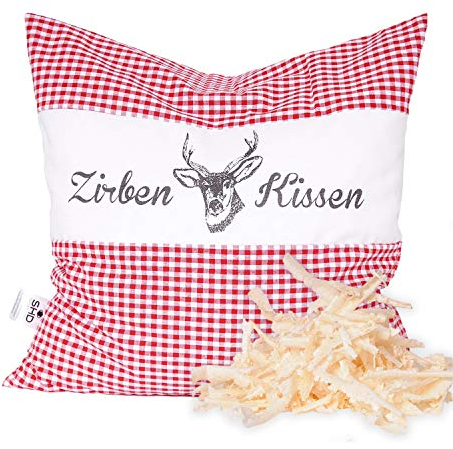 SHD Zirbenkissen Dekokissen mit Zirbenholz Alpen 100% Baumwollekariert, Decorative, natürlich duftend, Hirschprint Vichy Geschenk Frauen (Rot Kariert, 40 x 40 cm)