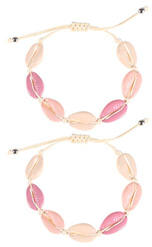 PRETYZOOM Natürliche Kauri Perlen Muschel Fußkettchen Armband Handgemachte Gewebte Manschette Armband Hawaii Boho Strand Handschmuck für Geburtstag 2Pcs Rosa