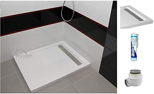 ECOLAM® Duschwanne flach West Polimat Rechteck Acryl weiß 120x80 cm Rost Rinne + Siphon + Silikon